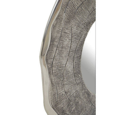 Silver-framed large oak effect wall mirror with circular shape and textured wood-grain patterned border