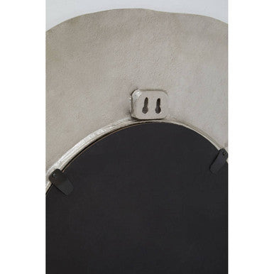 Silver-framed large oak effect wall mirror with textured metallic finish and black reflective surface