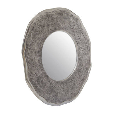 Silver oval wall mirror with large oak effect silver frame featuring textured wood grain finish