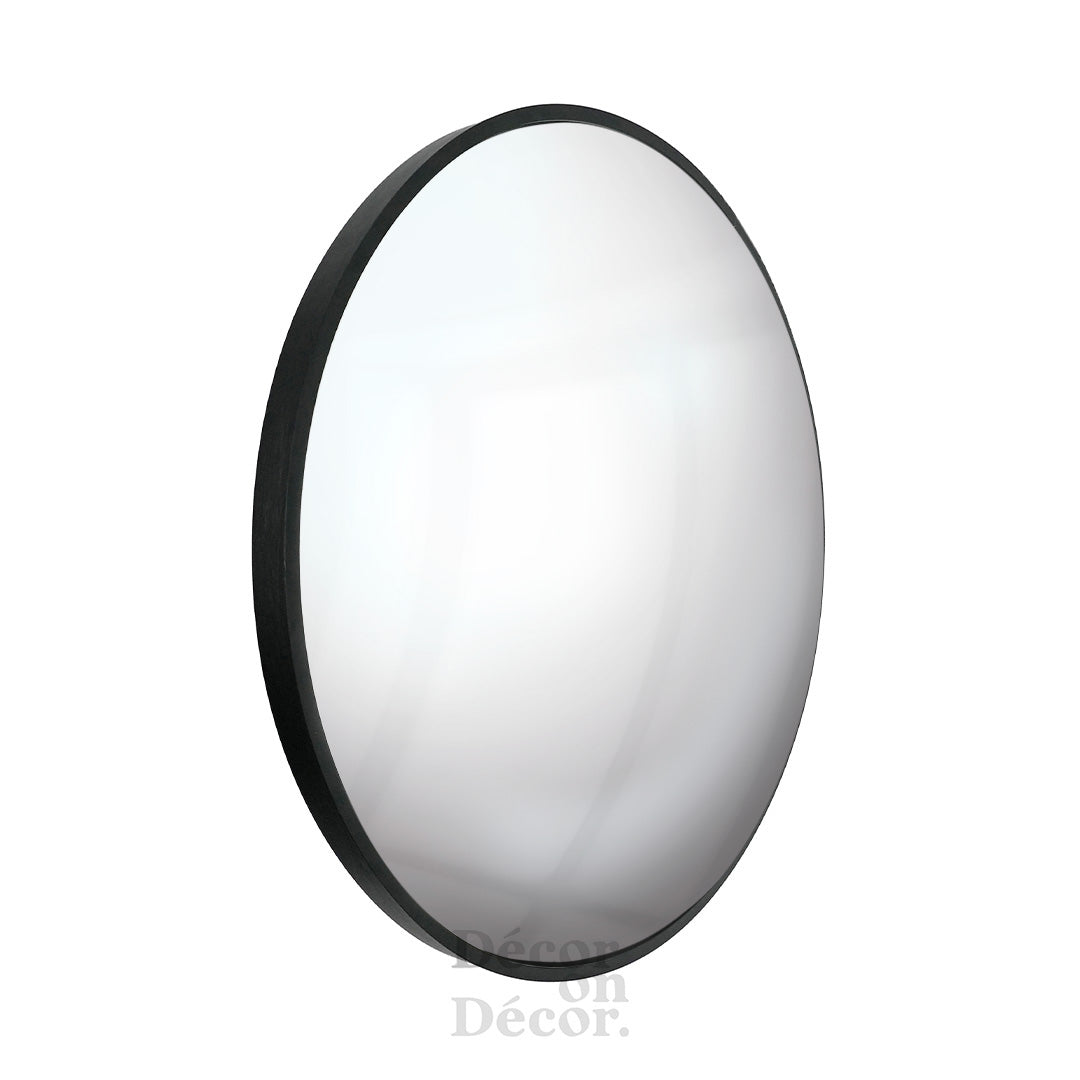 Black-framed silver mirror with oval convex interactive bubble design and smooth reflective surface