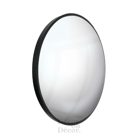 Black-framed silver mirror with oval convex interactive bubble design and smooth reflective surface