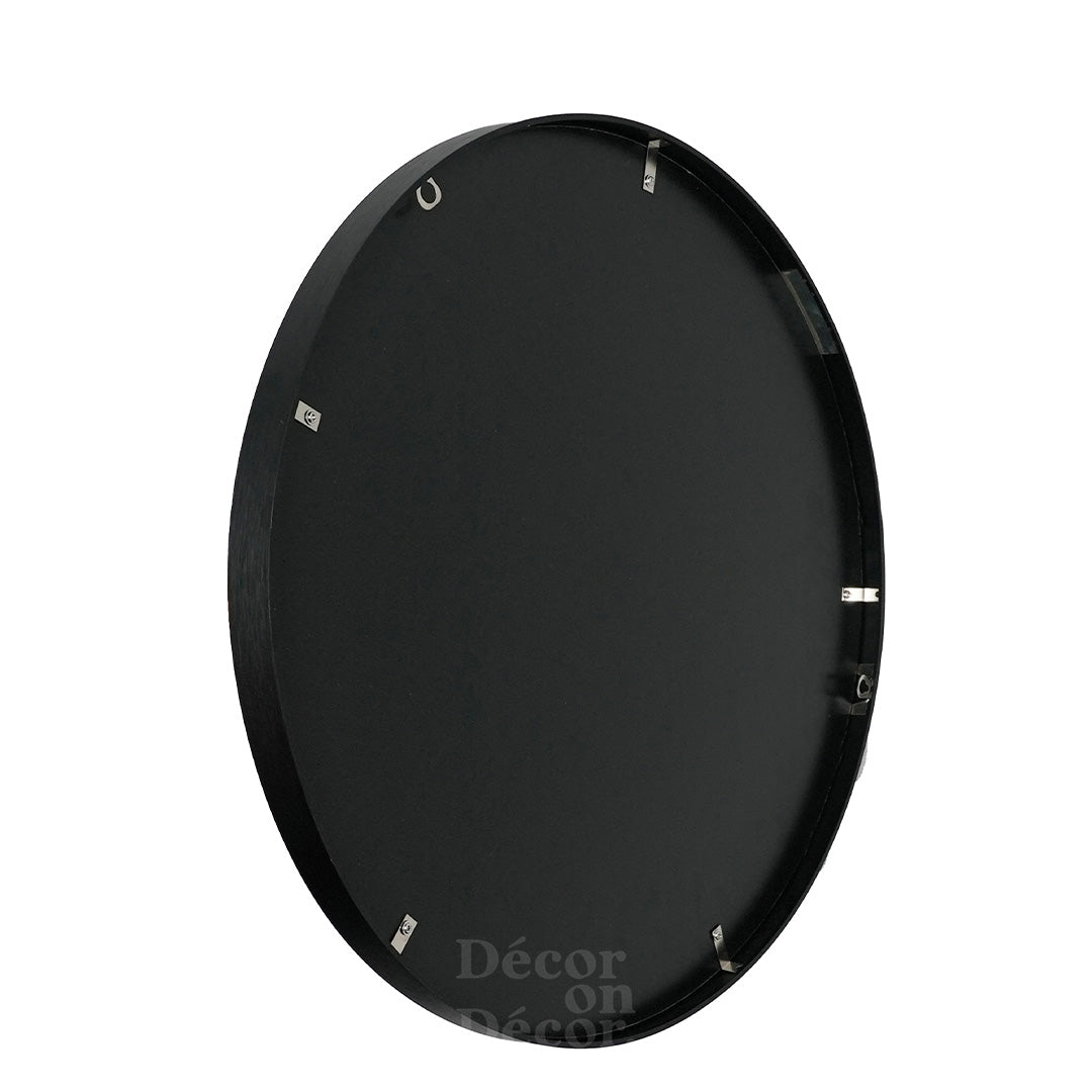 Black frame silver bubble interactive mirror with matte oval frame and visible mounting hardware on the back side