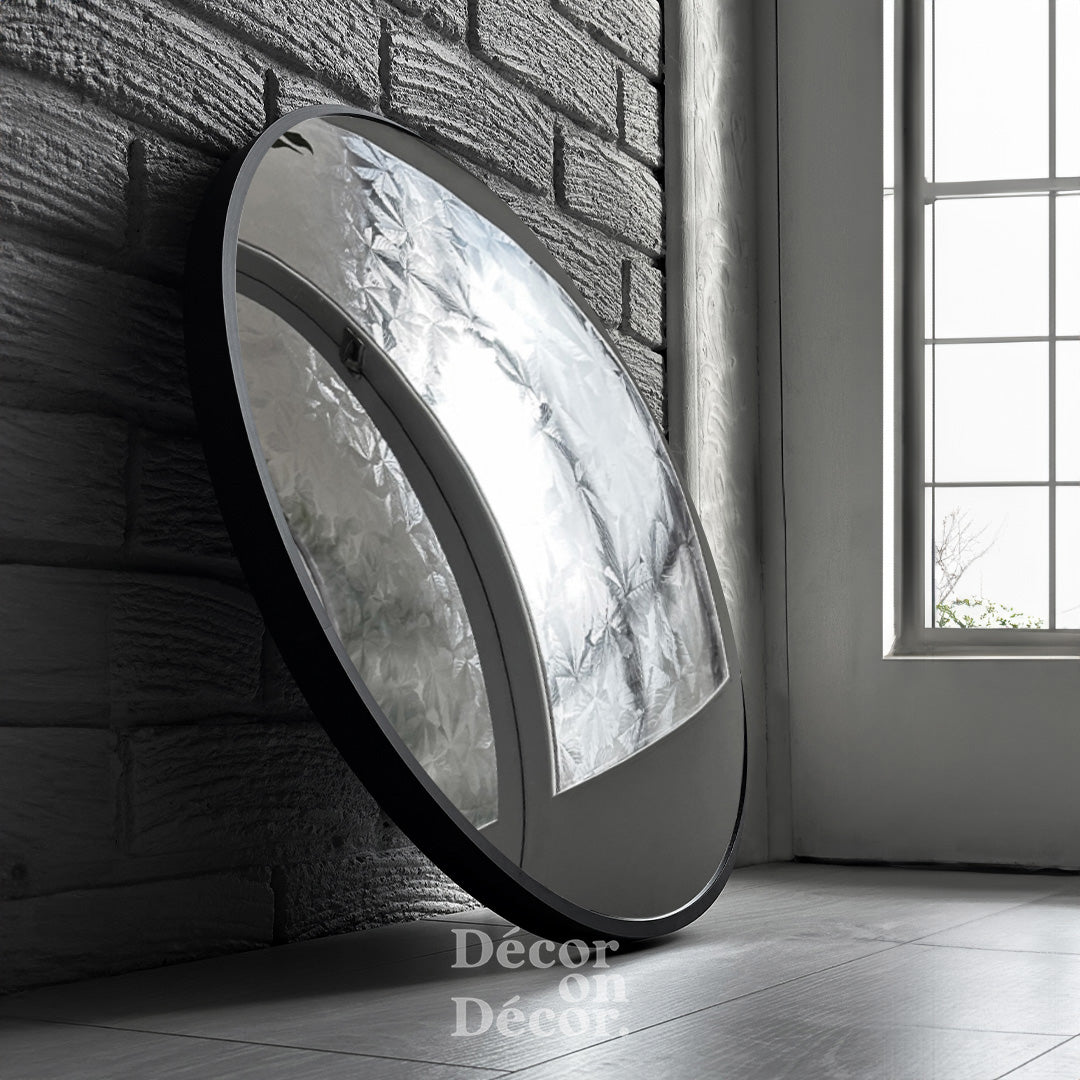 Silver bubble interactive mirror with black frame and crinkled silver mirror interior for stylish decor