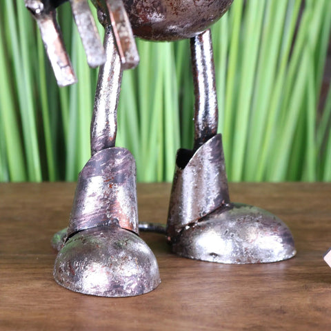 Rustic metal silver robot ornament with weathered silver and brown patina finish springy bobble head design