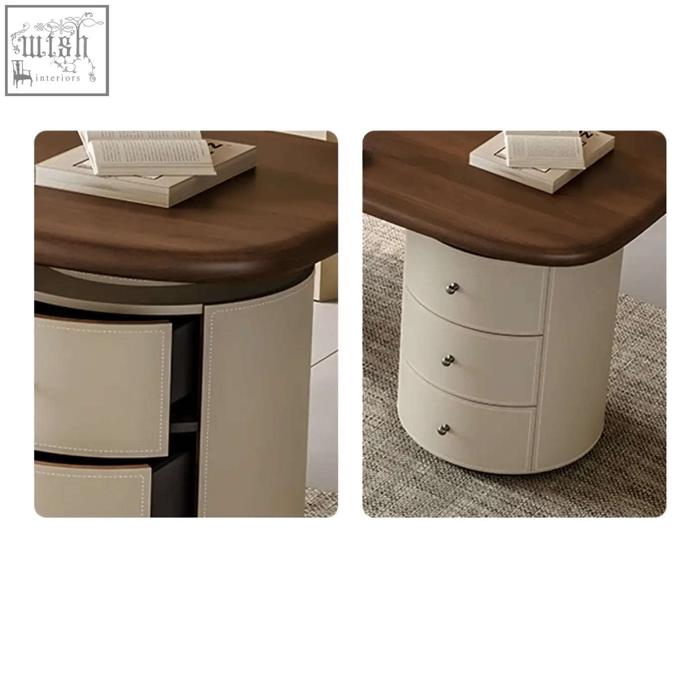 Cream-colored cylindrical side table with solid wood dark top and three silver knob drawers from simao office desk storage