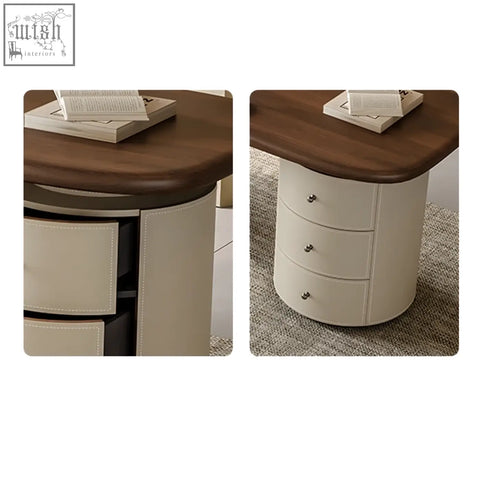 Cream-colored cylindrical side table with solid wood dark top and three silver knob drawers from simao office desk storage