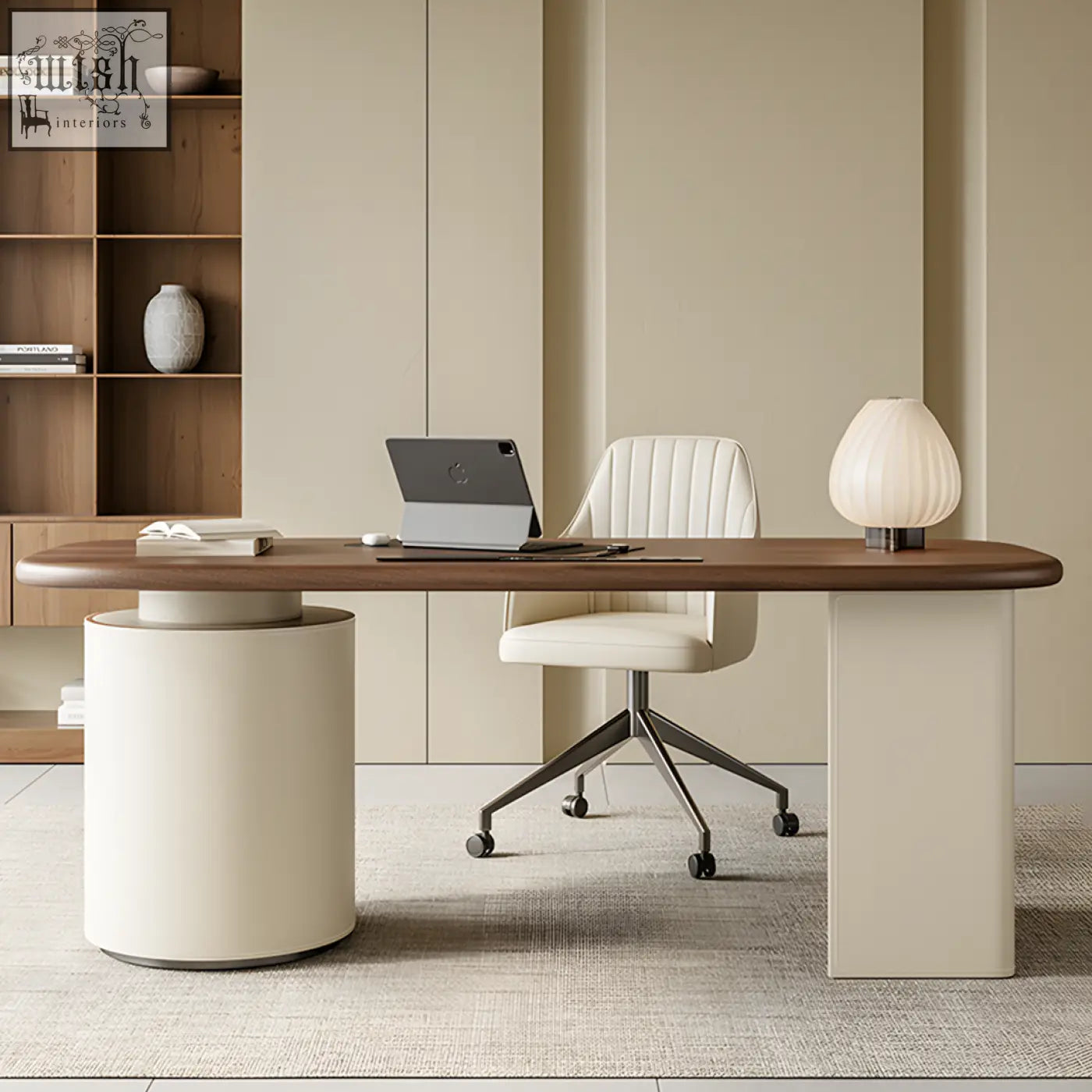 Modern simao office desk with solid wood dark top and sleek white cylindrical legs with storage drawers