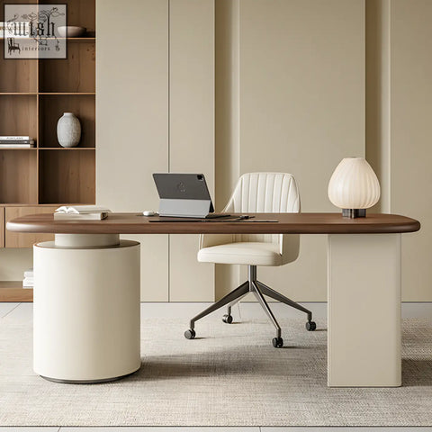 Modern simao office desk with solid wood dark top and sleek white cylindrical legs with storage drawers