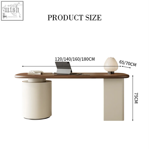 Modern minimalist simao office desk with warm solid wood top and cream cylindrical and rectangular legs with storage drawers