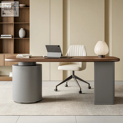 Modern minimalist simao office desk with solid wood warm top and sleek gray cylindrical legs with storage drawers