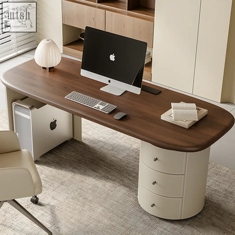 Modern solid wood simao office desk with curved top and cream-colored storage drawers for home or office use