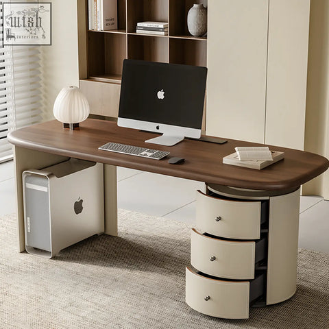 Modern simao office desk with solid wood cream curved storage drawers and a sleek minimalist design