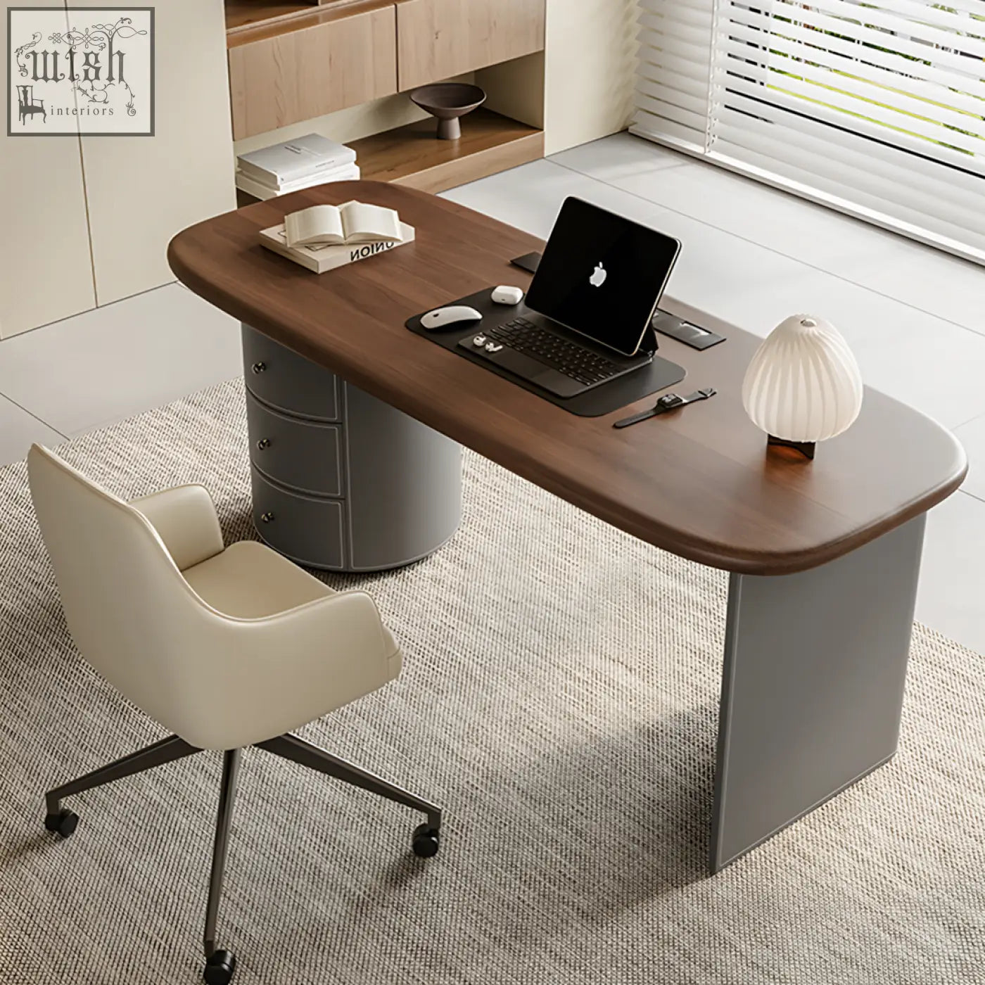 Modern simao office desk with solid wood top, gray pedestal base, storage drawers, black laptop, and minimalist lamp