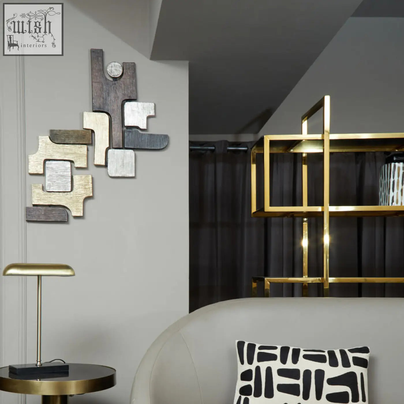 Abstract geometric Simbolo metal wall sculpture with layered wood tones, brushed gold, and matte silver metal wall art