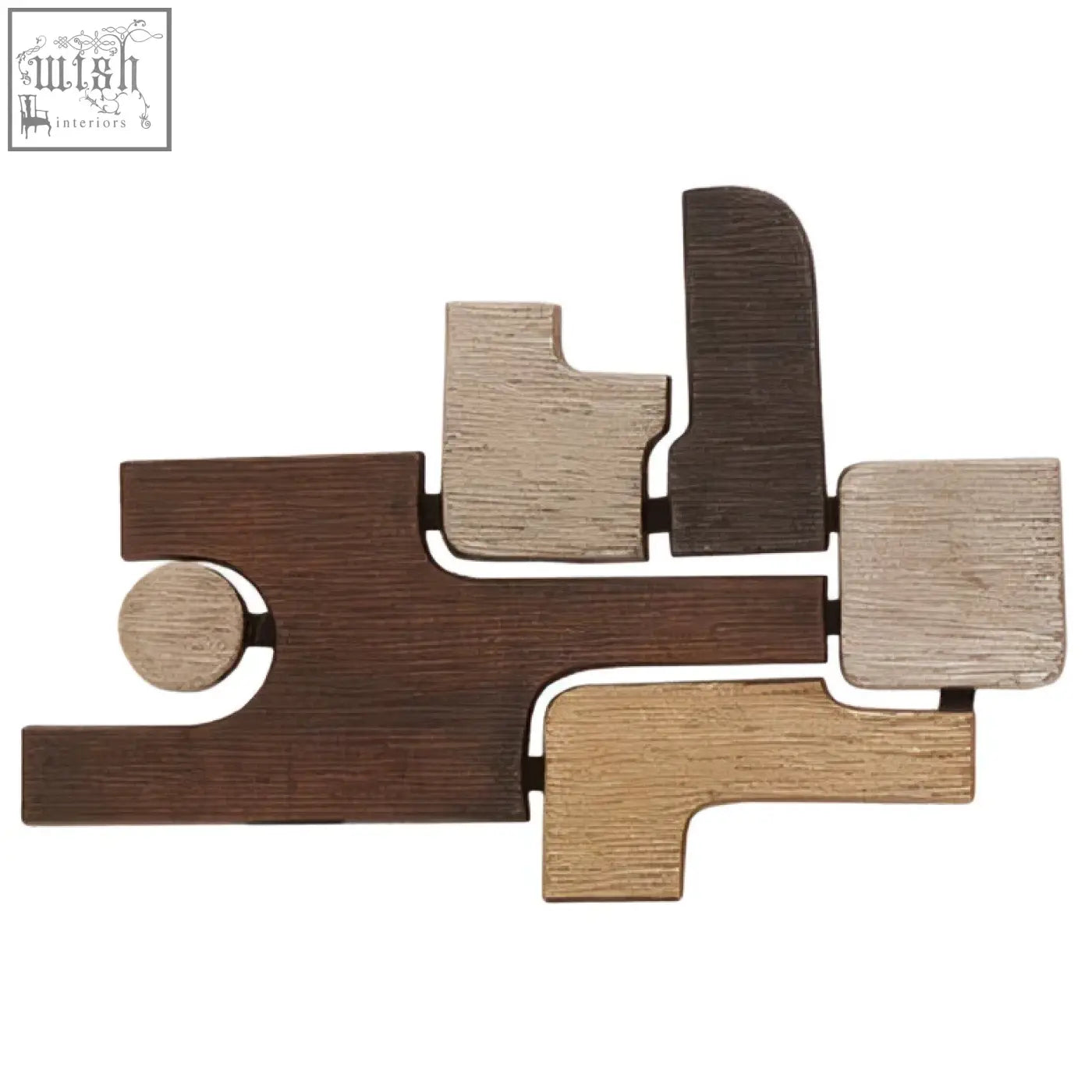 Abstract wooden wall sculpture with geometric shapes in natural wood tones for stylish metal wall decor