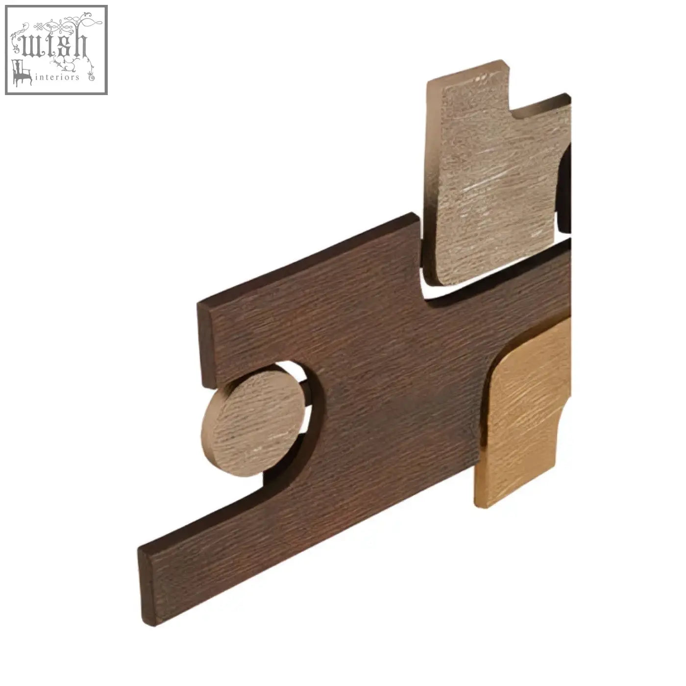 Dark wood puzzle piece with lighter textured metal accent in simbilo metal wall sculpture metal wall art
