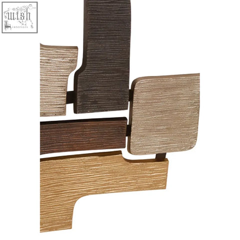 A modern abstract metal wall sculpture with geometric wooden panels in dark brown medium wood grain and beige tones
