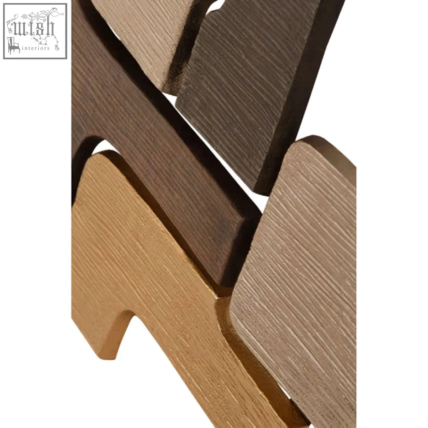 Wooden puzzle pieces in brown shades with a grainy finish for a unique simbolo metal wall sculpture design
