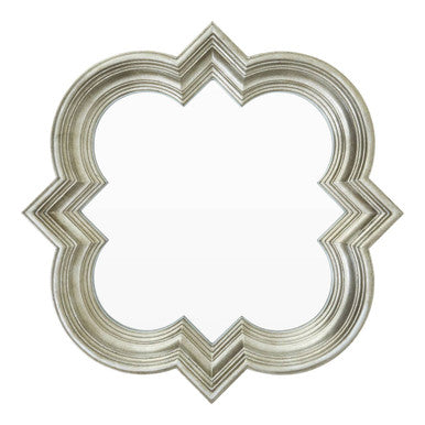 Silver-framed simi wall mirror with a decorative geometric quatrefoil design and multi-layered frame detail