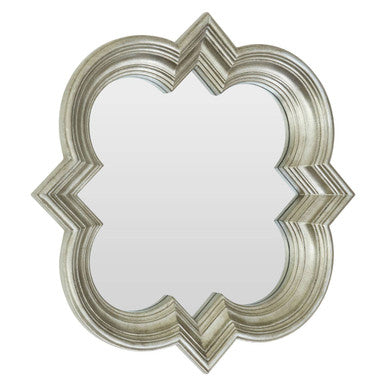 Silver-framed simi wall mirror with a decorative multi-layered frame and quatrefoil geometric design