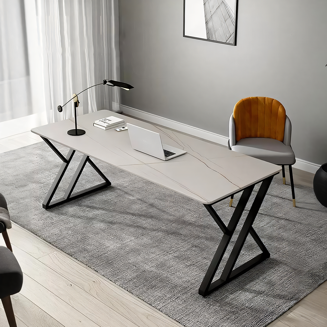 Modern gray sintered stone simon office desk with black x-shaped metal legs for a sleek office desk setup