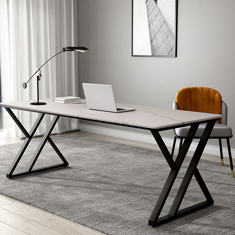 Modern gray sintered stone simon office desk with marble top and sleek black x-shaped metal legs