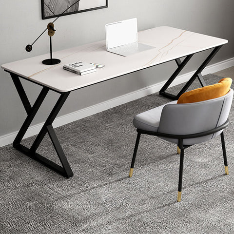 Modern white marble effect simon office desk with black x shaped metal legs made of durable sintered stone