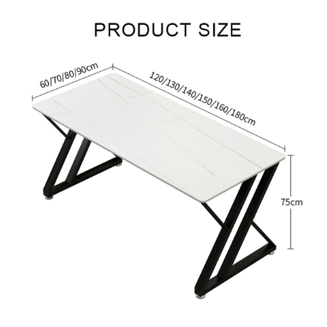 White marble-effect simon office desk with black z-shaped metal legs made from durable sintered stone