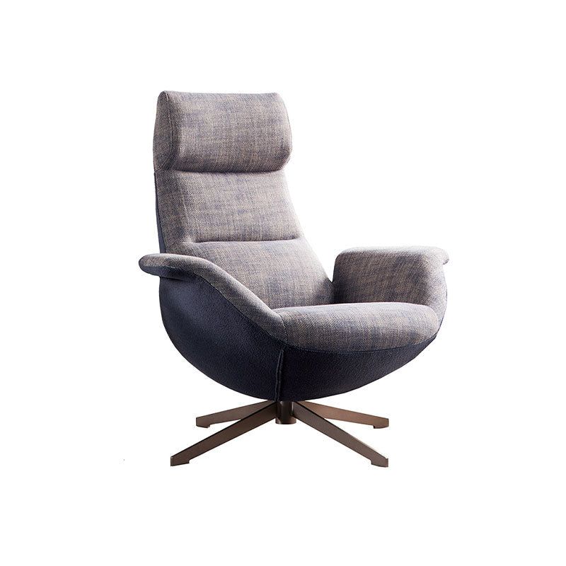Modern gray upholstered simone armchair with sleek curved design and dark wood star base in linen fabric