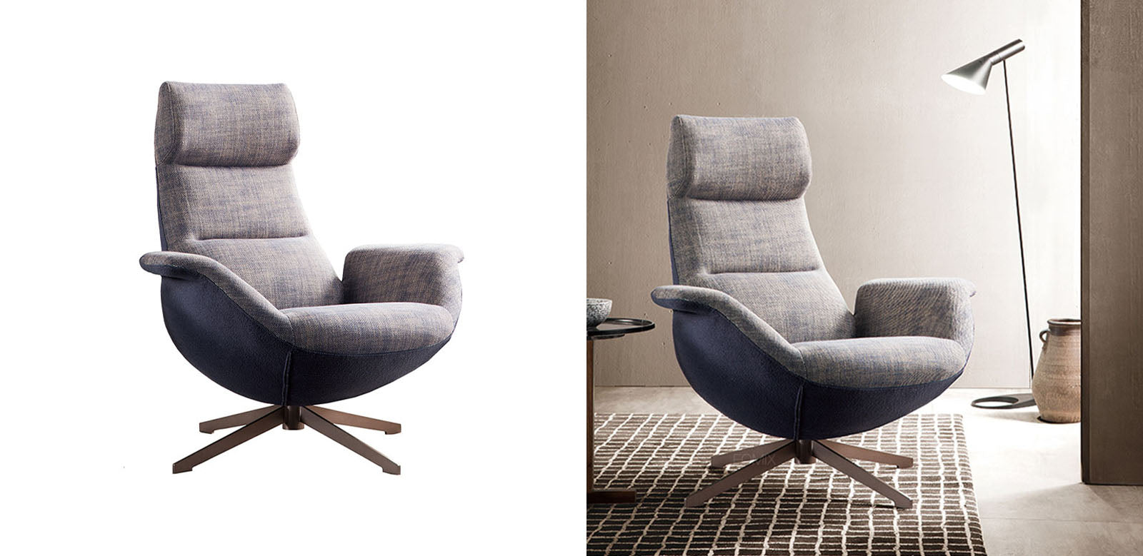 Modern simone armchair linen recliner with gray fabric seat and back and navy blue curved sides on wooden base