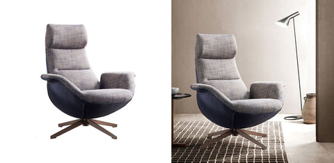 Modern simone armchair linen recliner with gray fabric seat and back and navy blue curved sides on wooden base