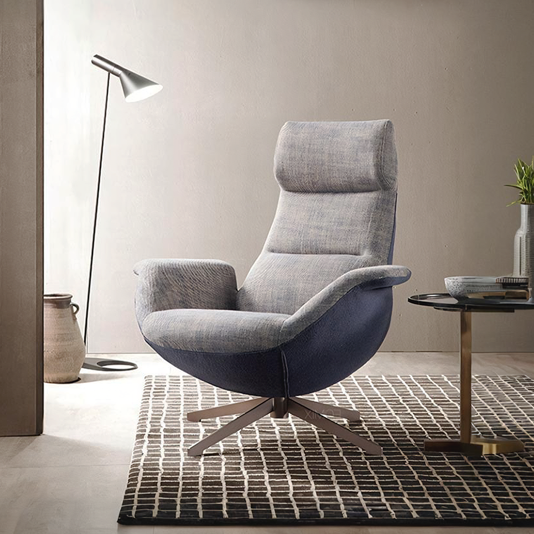 Modern simone armchair linen with two-tone gray and navy fabric and wooden star base recliner chair