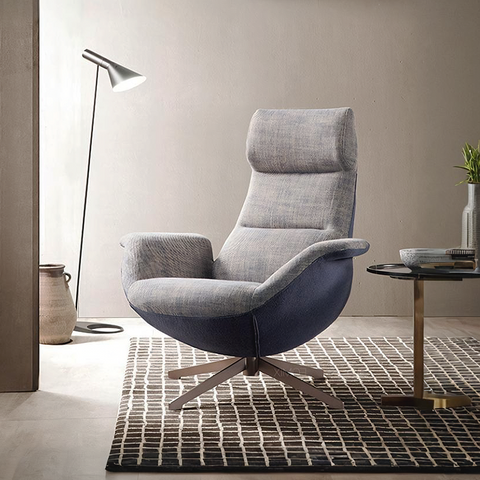 Modern simone armchair linen with two-tone gray and navy fabric and wooden star base recliner chair