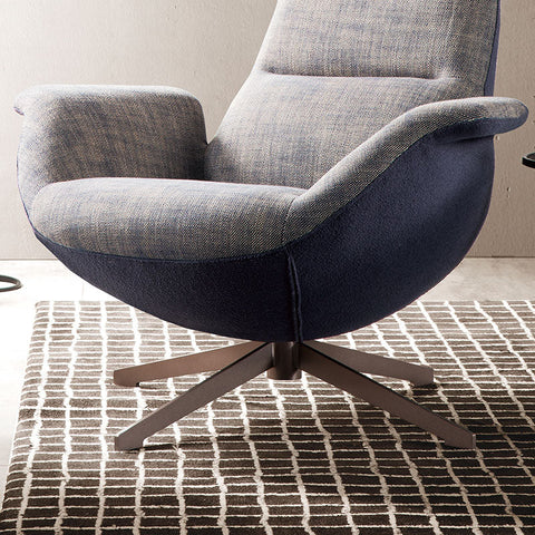 Modern swivel simone armchair with two-tone gray and navy linen fabric and sleek wooden base for stylish seating