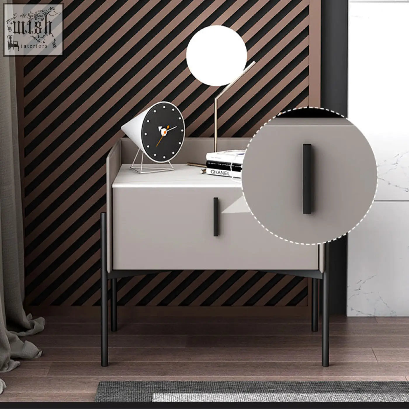 Minimalist gray simpdiy bedside table with sleek black metal legs and matching vertical handle for bedroom use