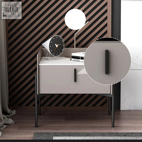 Minimalist gray simpdiy bedside table with sleek black metal legs and matching vertical handle for bedroom use
