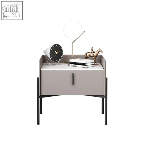 Modern gray simpdiy bedside table with black metal legs and sleek drawer handle for stylish bedside storage