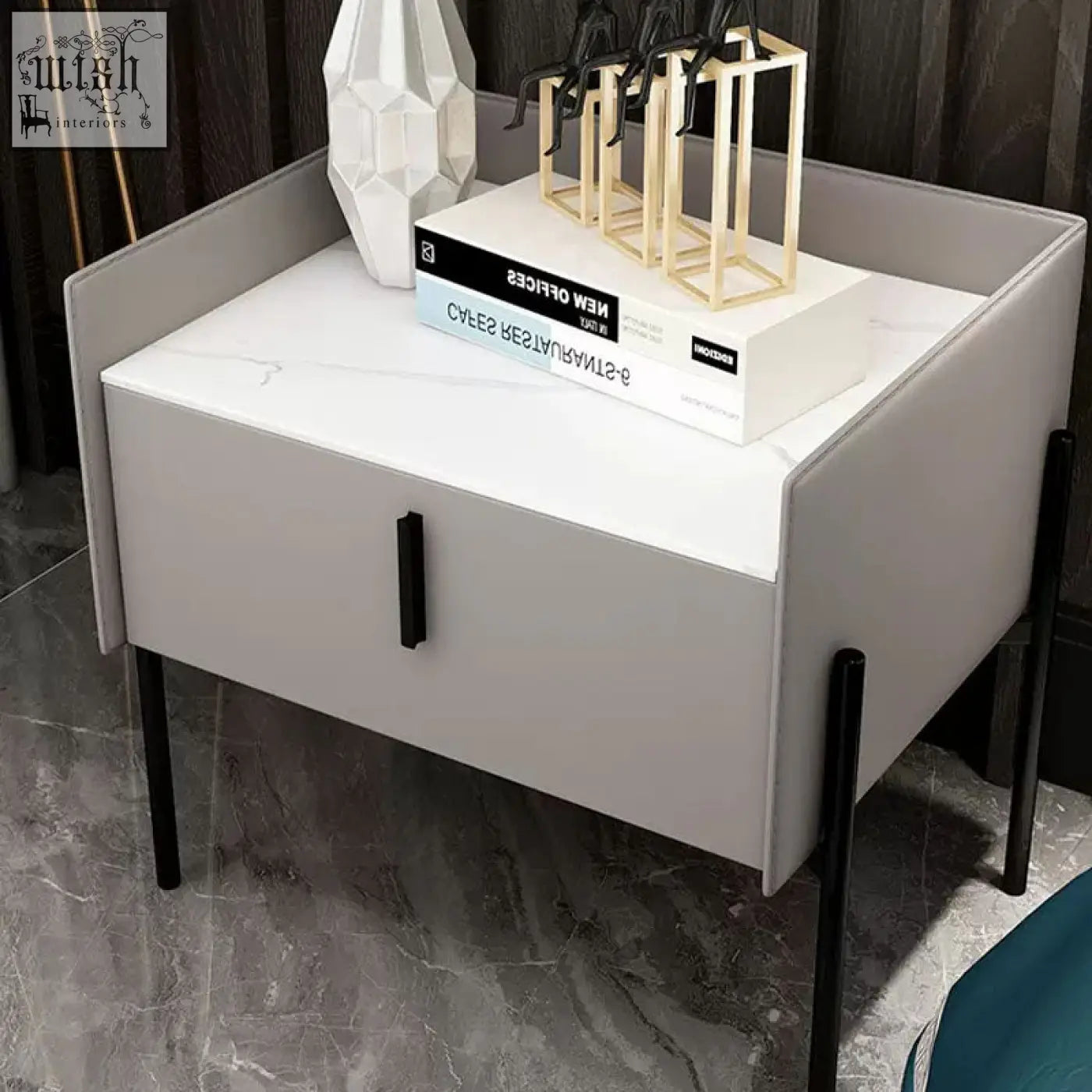 Modern gray simpdiy bedside table with white marble top and black metal legs perfect as a sleek bedside table