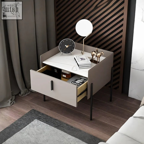 Modern minimalist simpdiy bedside table with sleek white top gray sides and black metal legs for stylish bedside use