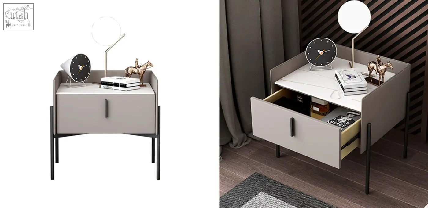 Modern minimalist simpdiy bedside table with white marble top black metal frame and gray drawer front panel