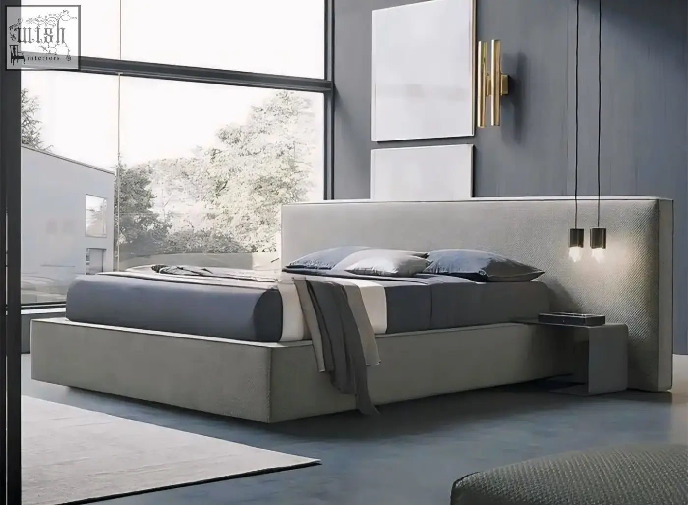 Modern gray simupo bed with textured fabric upholstery and sleek hidden storage for minimalist bedrooms