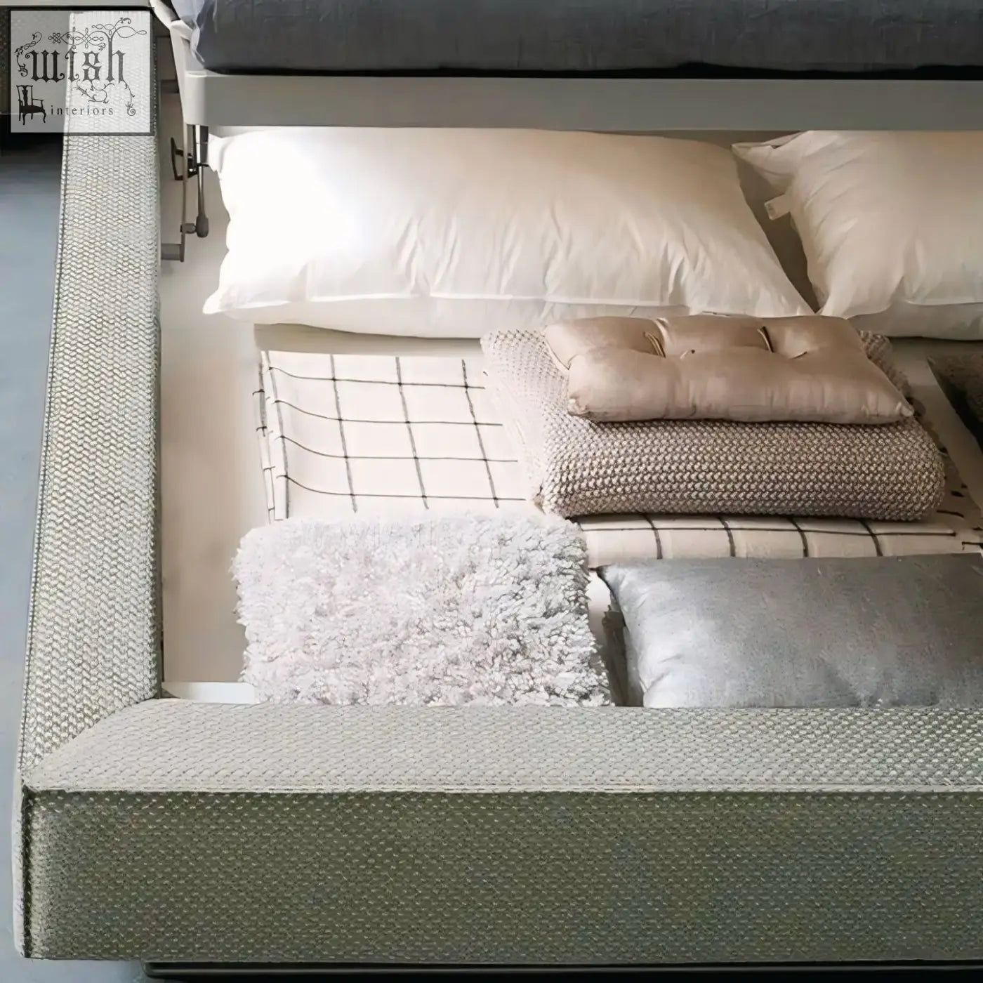 Modern simupo bed with textured fabric light gray upholstered headboard and footboard featuring hidden storage