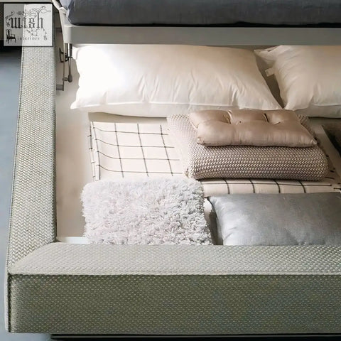 Modern simupo bed with textured fabric light gray upholstered headboard and footboard featuring hidden storage
