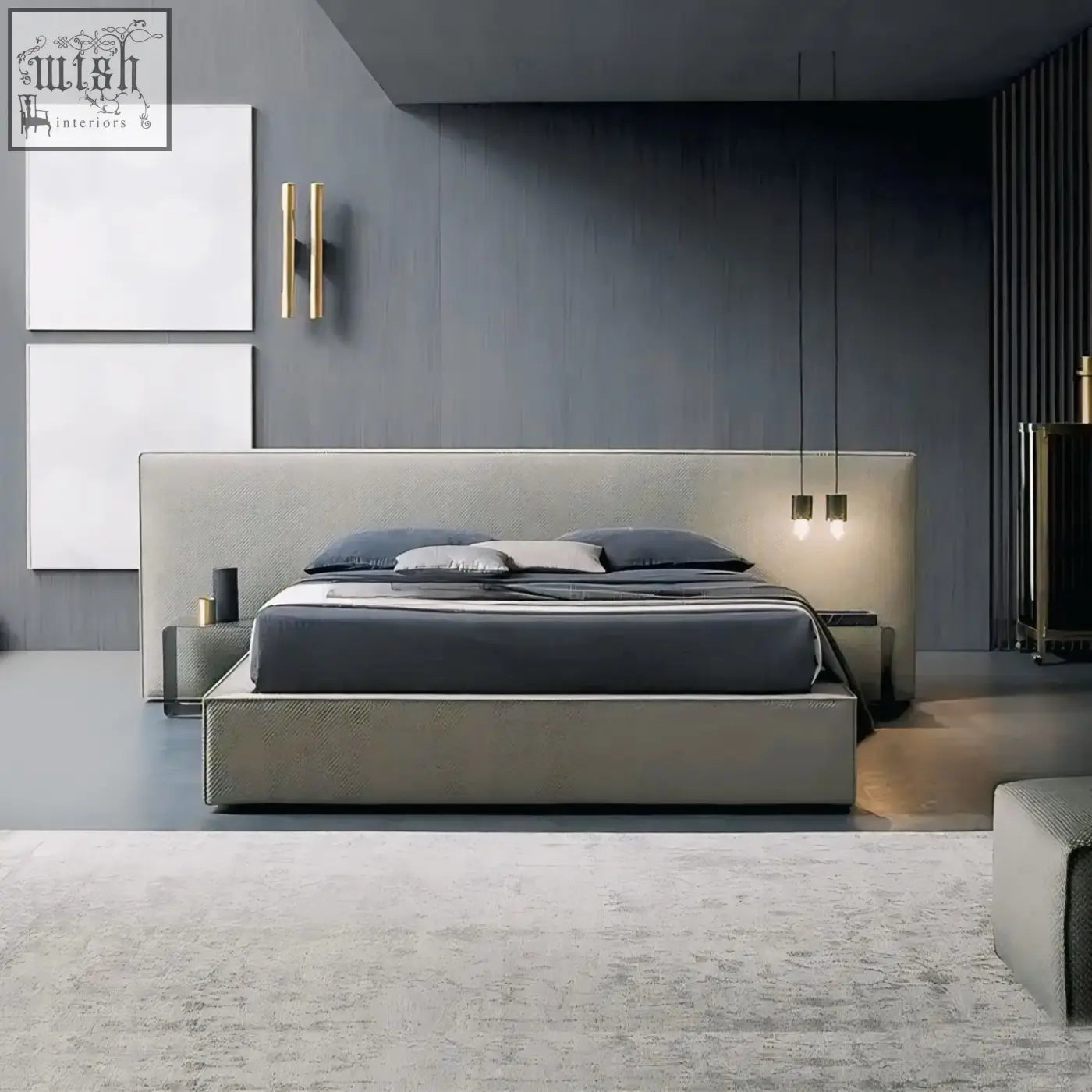 Modern gray simupo bed with textured fabric upholstery and sleek minimalist design featuring hidden storage options
