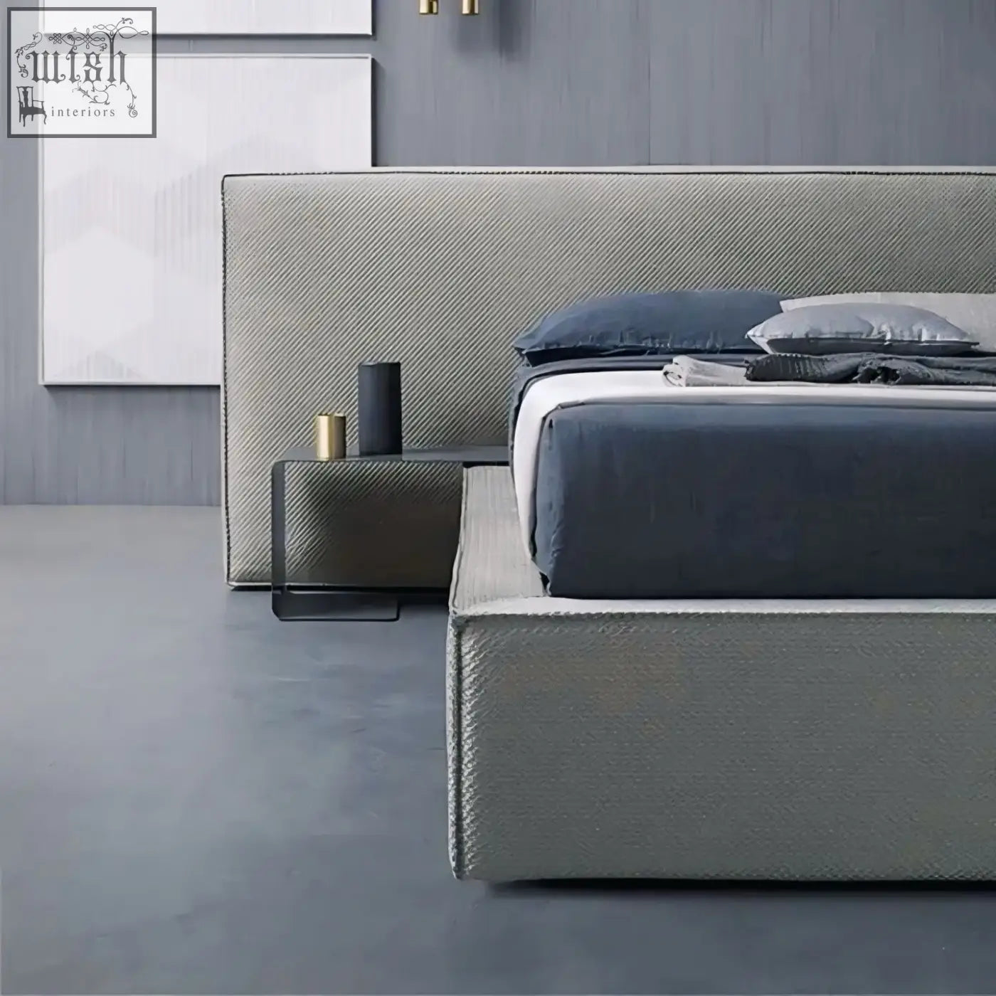 Modern gray simupo bed with textured fabric headboard and matching base featuring hidden storage options