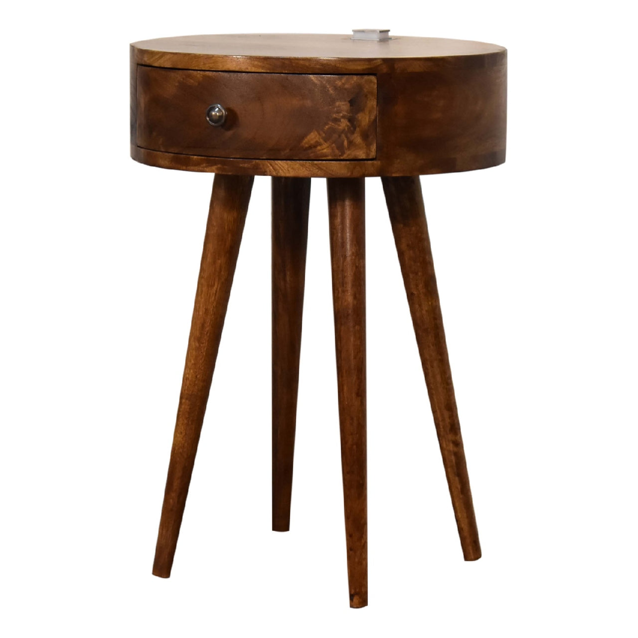 A round wooden single chestnut bedside table with one drawer and three tapered legs for bedroom use