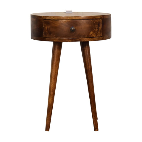 Round wooden single chestnut bedside table with a drawer and tapered legs perfect as a bedside table