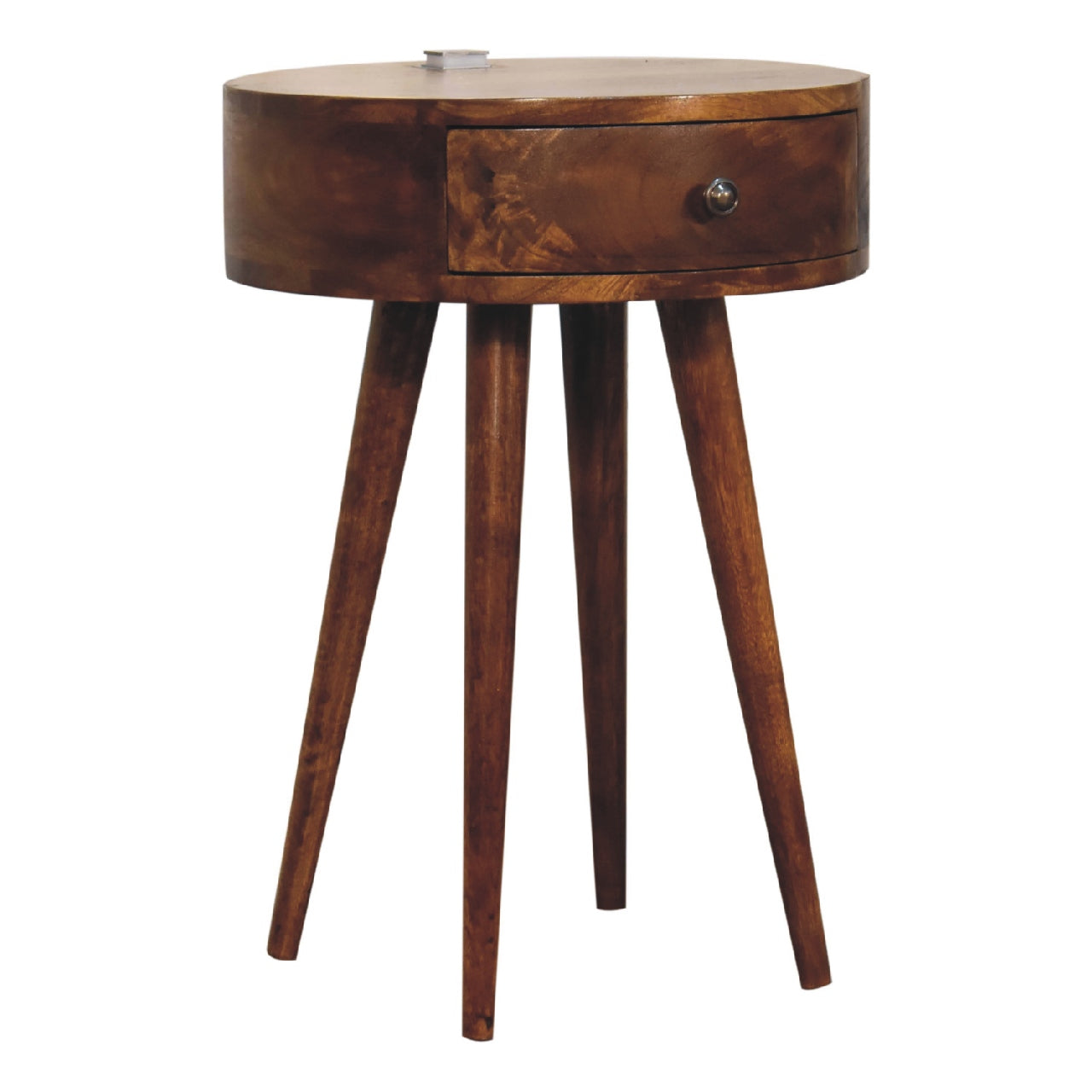 Rounded single chestnut bedside table with a drawer and tapered legs made of wood, perfect as a bedside table