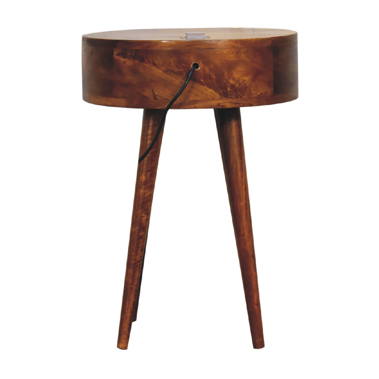 A rustic single chestnut bedside table with a round wooden top and three tapered legs in warm brown finish