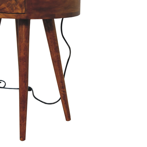A sleek dark brown wooden single chestnut bedside table with tapered legs and a curved top for your bedroom
